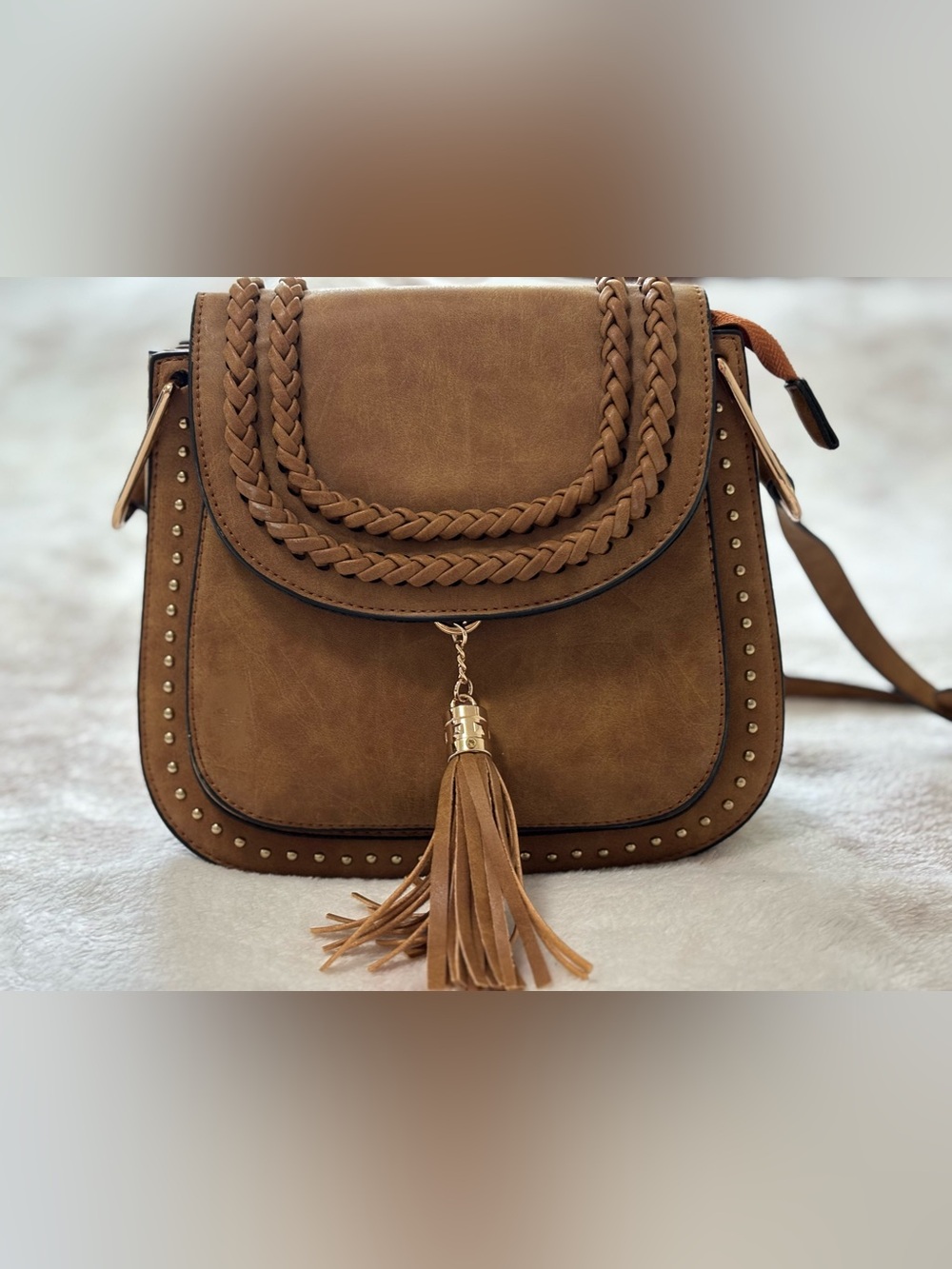 Tom Clovers Women’s Small Brown Crossbody Zip Tassel Studded Braided Strap.